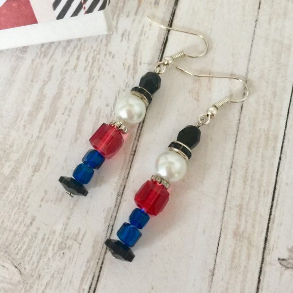 Silver Plated Pearl/Rhinestone Nutcracker Christmas Dangle Earrings, Fishhook - Picture 1 of 2